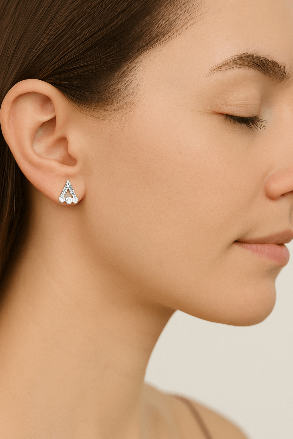 Silver Triangle Stud Earrings with pearls - Image 2
