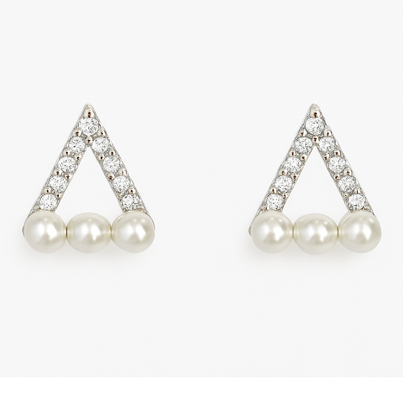 triangle silver stud earrings with pearls