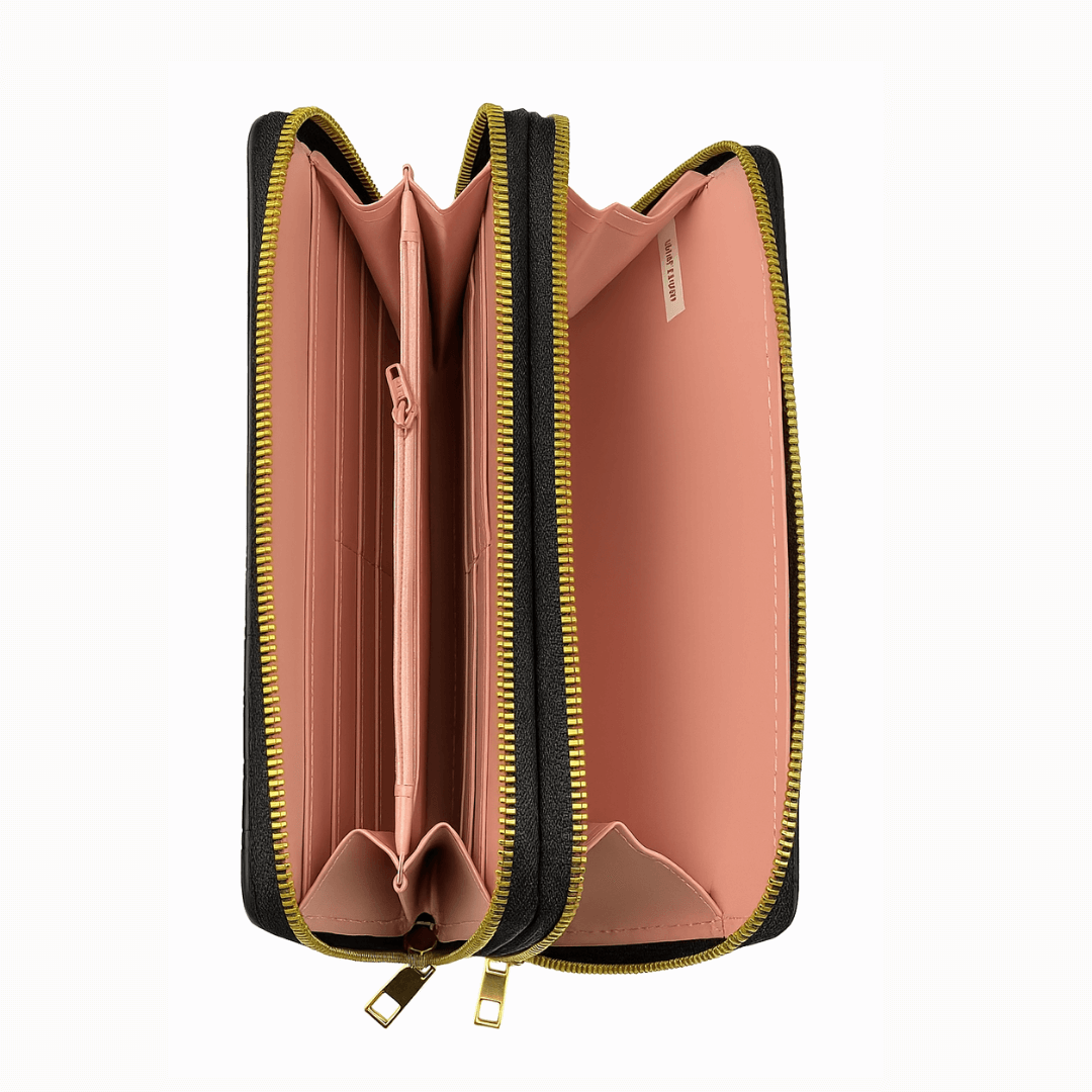 inside black handbag with two compartments