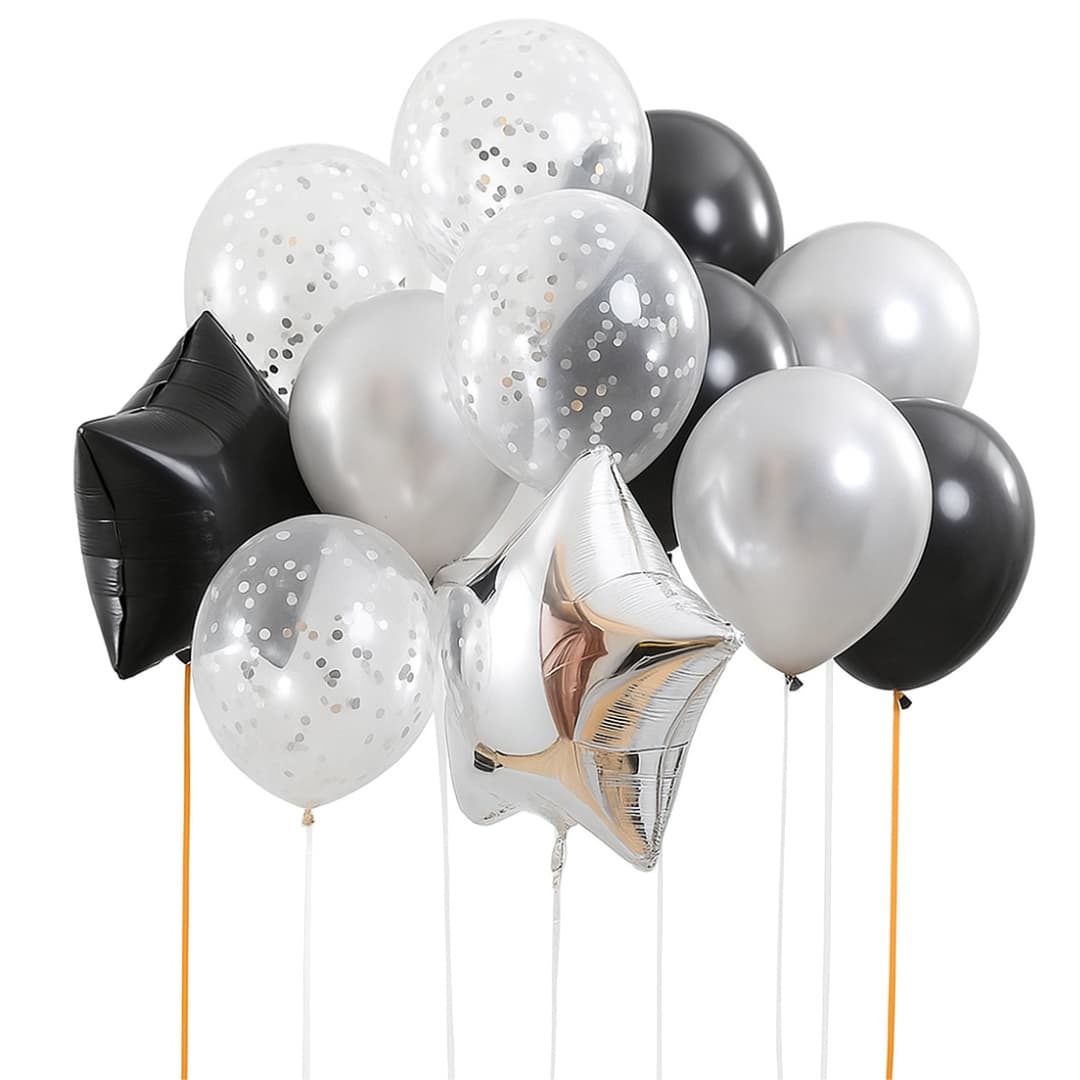 13-Piece Black and Silver Balloon Set with Confetti and Foil Star Balloons