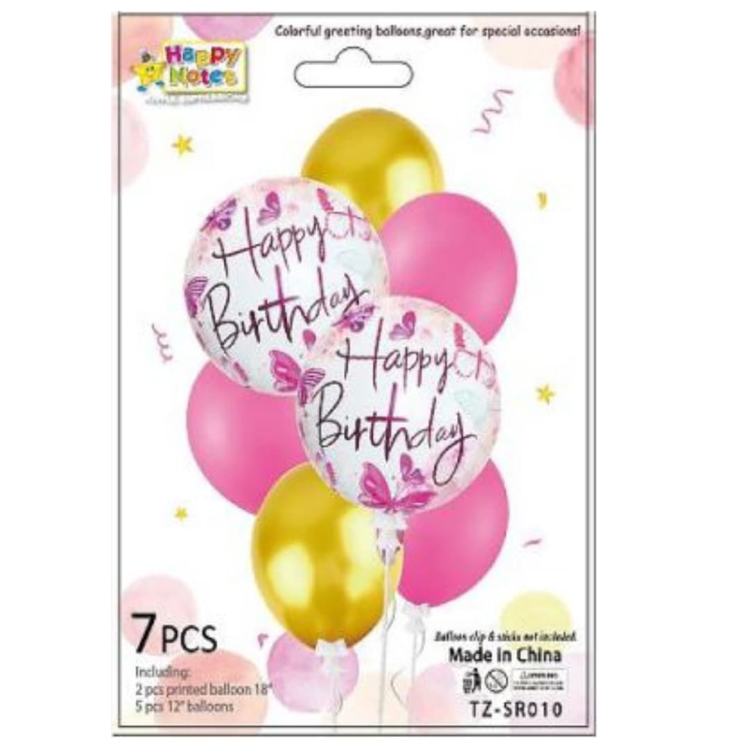 Happy Birthday Balloon Set 7 Pcs with Butterfly Design – Pink and Gold Foil and Latex Balloons for Party Decoration