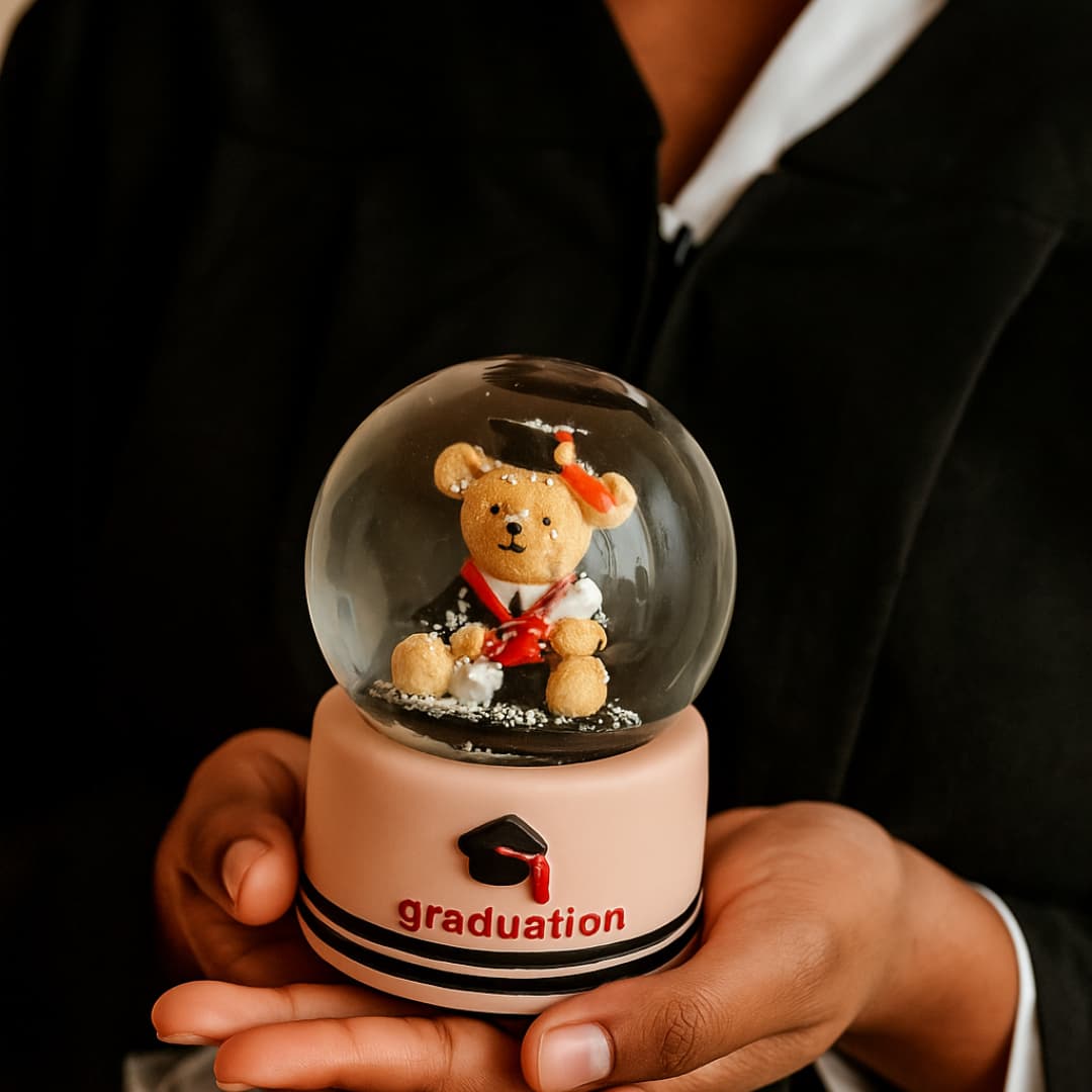 graduation bear snow globe graduate holding it